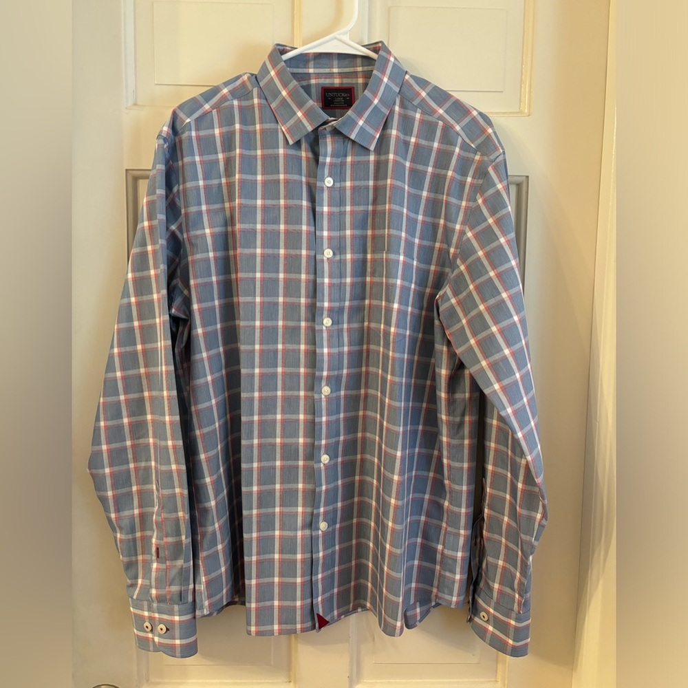Untuckit men’s long sleeve blue plaid dress shirt size L